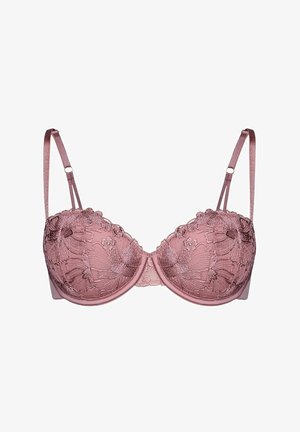 Rosa Spitze Unterwäsche-BH mit floraler Stickerei und verstellbaren Schulterträgern, vor einem weißen Hintergrund präsentiert.