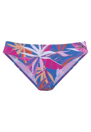 Bunt gemusterter Bikiniunterteil in Blau, mit einem tropischen Blättermuster in Pink, Orange und Lila. Glattes Material mit elastischem Bund.