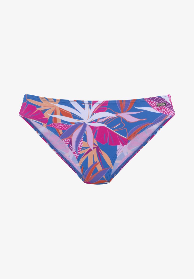 Bunt gemusterter Bikiniunterteil in Blau, mit einem tropischen Blättermuster in Pink, Orange und Lila. Glattes Material mit elastischem Bund.