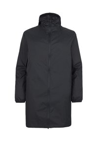 Manteau étanche noir avec un col haut, des manches longues, des poignets élastiques et une fermeture éclair à l'avant. Comprend des poches latérales et une coupe légèrement ample.