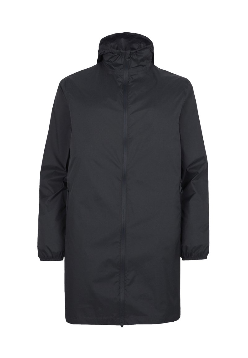 Manteau étanche noir avec un col haut, des manches longues, des poignets élastiques et une fermeture éclair à l'avant. Comprend des poches latérales et une coupe légèrement ample.