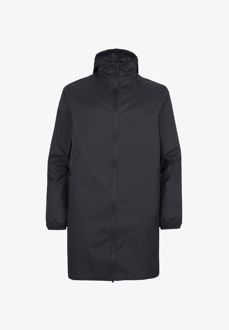 Manteau étanche noir avec un col haut, des manches longues, des poignets élastiques et une fermeture éclair à l'avant. Comprend des poches latérales et une coupe légèrement ample.
