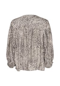 Short-sleeve, pullover blouse in light beige with a black and gray animal print. Puff sleeves and gathered back panel detail. Soft, textured fabric.