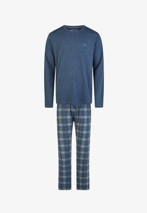 Ensemble pyjama pour homme en deux pièces avec un haut à manches longues bleu marine et un pantalon à carreaux bleu-gris, avec un petit logo sur la poitrine de la chemise.