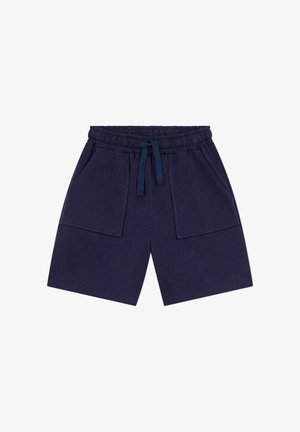 Navyblaue Shorts aus weichem Stoff, mit einem elastischen Bund und Kordelzug, zwei Vordertaschen und einem lockeren Schnitt.