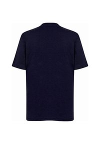 Granatowa koszulka z krótkim rękawem, wykonana z miękkiej bawełnianej tkaniny, z okrągłym dekoltem i prostym dołem, bez grafik ani wzorów.