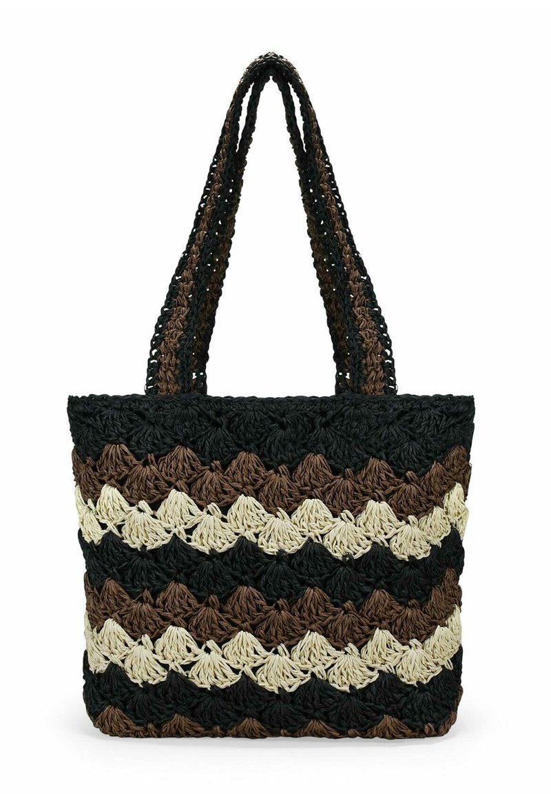Bolsa de tote tejida con patrones en zigzag alternos en negro, marrón y crema. Asas trenzadas resistentes para un transporte fácil. Acabado texturizado.