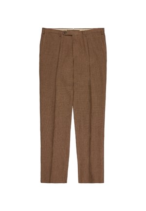 Braune maßgeschneiderte Herrenhose mit vorderen Bundfalten, Gürtelschlaufen, seitlichen Taschen und Knopfverschluss am Bund.