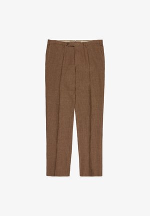 Brown tailored men's trousers with front pleats, belt loops, side pockets, and a button closure at the waistband.