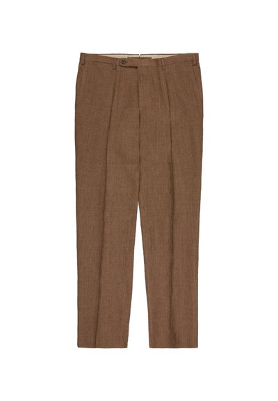 Brown tailored men's trousers with front pleats, belt loops, side pockets, and a button closure at the waistband.