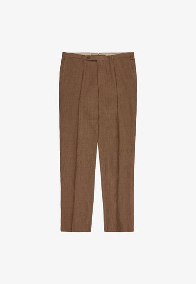 Brown tailored men's trousers with front pleats, belt loops, side pockets, and a button closure at the waistband.