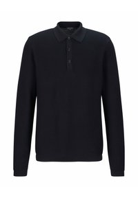 Polo shirt nero a maniche lunghe realizzato in un materiale a maglia testurizzata. Caratterizzato da un colletto classico e una chiusura con tre bottoni.