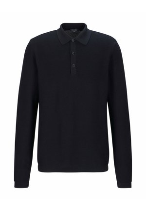 Schwarzes Langarm-Polohemd aus strukturiertem Strickmaterial. Verfügt über einen klassischen Kragen und eine Drei-Knopf-Leiste.