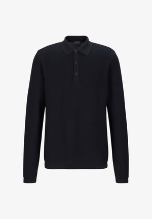 Black long-sleeve polo shirt made from a textured knit material. Features a classic collar and three-button placket.
