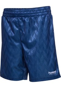 Navyblå atletiska shorts i glänsande syntetmaterial med en strukturerad fiskbensmönster och elastisk midja. Logotyp finns.