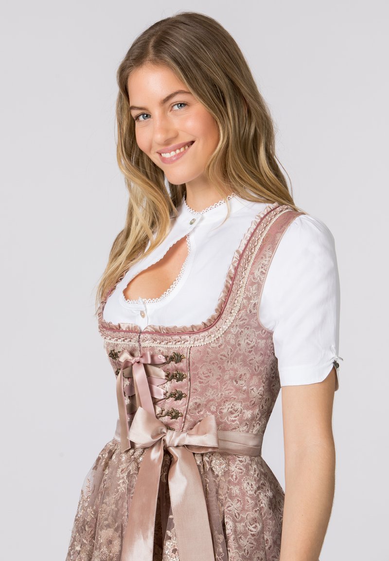 open lace back dress Authentic Bavarian Midi Dirndl "Viktoria", 3-piece - Pink & Moss Green   Bavari Shop