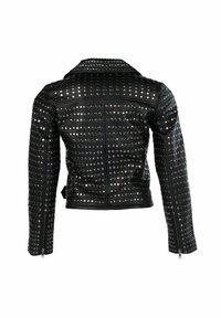 Čierna kožená bunda s cvočkami, priliehavý strih, zipsové manžety a golier s výrezom. Štruktúrovaný povrch s kovovými akcentmi.
