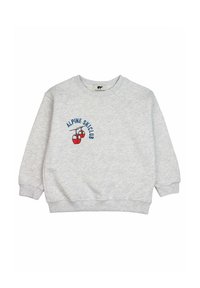 Felpa grigia in tessuto pile, con collo rotondo, polsini a coste e un gondoletto da sci ricamato in rosso con il testo "ALPINE SKI CLUB".