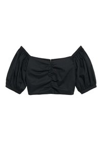 Top corto nero con maniche a sbuffo e design scollato sulle spalle, dettaglio arricciato sul davanti e cerniera centrale sul retro. Tessuto liscio e opaco.