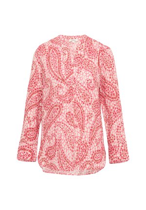 Long-sleeve blouse in sheer pink with a paisley pattern in shades of pink and cream. Features a notched collar and relaxed fit.