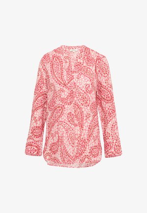 Blouse à manches longues en rose transparent avec un motif paisley dans des nuances de rose et de crème. Présente un col à revers et une coupe décontractée.