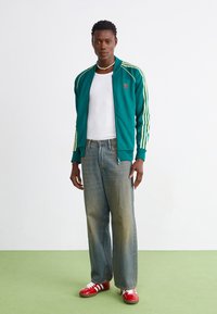 Jachetă verde cu fermoar, cu dungi galbene, tricou alb fără mâneci, blugi largi albaștri și adidași roșii cu accente albe. Fundal verde plat.