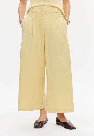 Beige wijde cropped broek gedragen met donkerbruine puntige platte schoenen en een mouwloos beige gebreid topje, handen in de zakken, staand op een witte achtergrond.