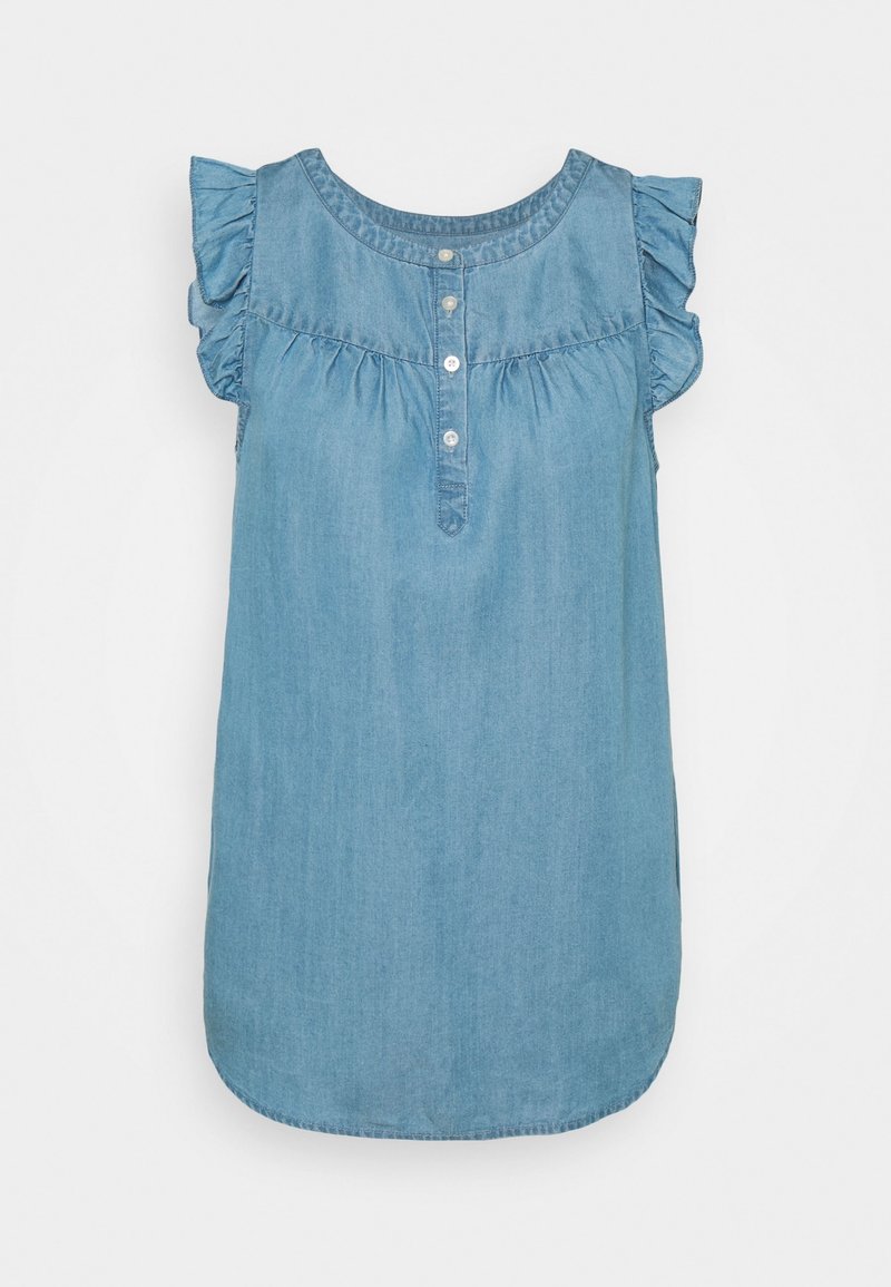 Blusa senza maniche in chambray blu con spalline arricciate, scollatura rotonda e tre bottoni bianchi lungo il davanti.
