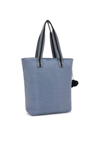 Borsa a tracolla blu realizzata in materiale testurizzato, caratterizzata da due manici a strisce grigio scuro e grigio chiaro e un dettaglio con pom-pom nero.