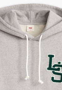 Sudadera gris hecha de tela suave que presenta una gran letra "L" bordada en verde y cordones blancos. Ajuste estándar con capucha forrada.