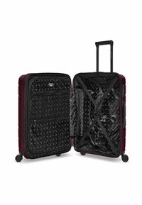 Hartschalen-Koffer in Burgundy mit zwei Fächern, schwarzer gemusterter Innenausstattung, Reißverschlusstaschen und verstellbaren Riemen für sicheres Packen.