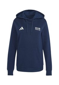 Marineblå hættetrøje med frontlomme, justerbare snore, Adidas-logo på venstre bryst og teksten "BMW Berlin Marathon" med ikon af Brandenburger Tor på højre bryst.