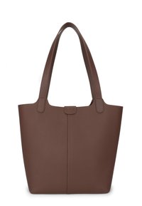 Brown textured leather tote bag with two long handles, featuring a simple top closure and a seamless design. Suitable for casual use.