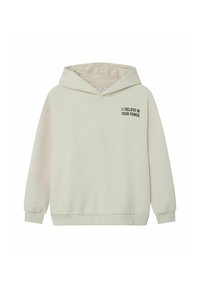 Felpa con cappuccio beige chiaro realizzata in tessuto morbido, caratterizzata da una stampa testuale nera che recita "/// CREDI NEL TUO POTERE." sul davanti.