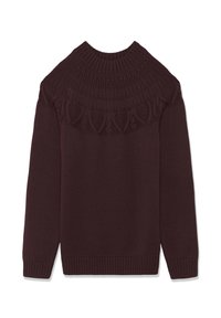Burgunder Pullover mit einem gerippten hohen Kragen und einem aufwändigen Strickmuster an den Schultern. Lange Ärmel sowie gerippte Bündchen und Saum.