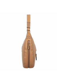 Borsa a spalla in pelle tan con una tracolla testurizzata, chiusura con zip e design piatto. Presenta una tasca laterale e uno stile minimalista.