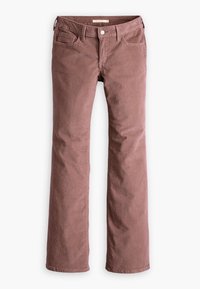 Pantalons en corduroy marron avec un design à jambe droite, dotés de poches avant, d'une fermeture à bouton et d'un tissu doux et texturé.