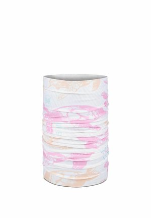 White tubular fabric neck gaiter with light pink and beige abstract patterns and subtle logo accents.