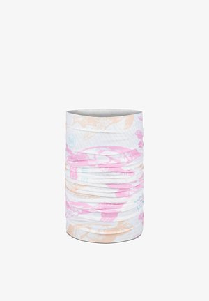 White tubular fabric neck gaiter with light pink and beige abstract patterns and subtle logo accents.