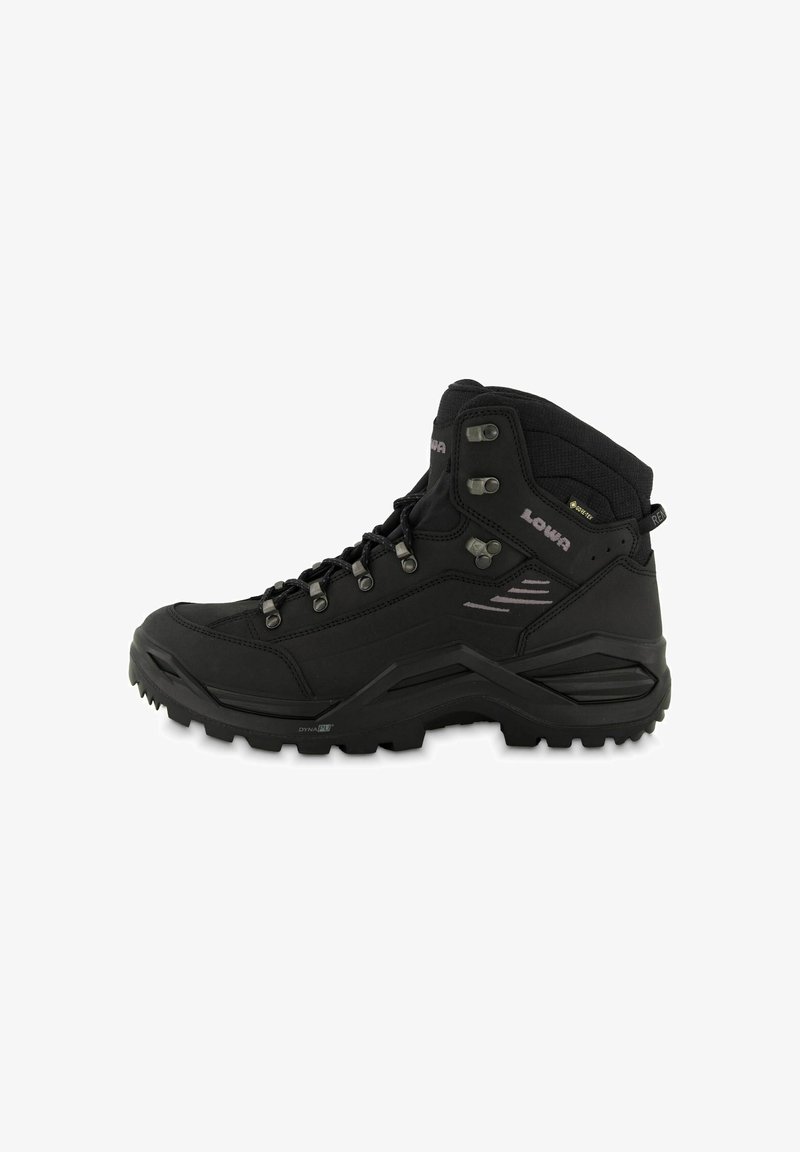 Schwarzer Wanderschuh mit hohem Knöchel, aus Mesh- und Leder-Material, mit Metallösen, strukturiertem Profil und Lowa-Branding. Entworfen für outdoor-Aktivitäten.