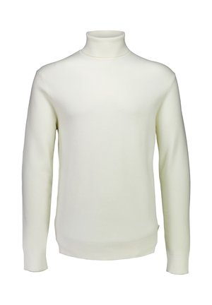 Witte gebreide coltrui met een aansluitend ontwerp, lange mouwen en geribde manchetten, met een gladde textuur en strakke lijnen.