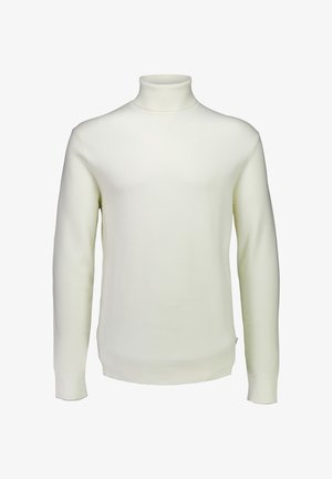 Witte gebreide coltrui met een aansluitend ontwerp, lange mouwen en geribde manchetten, met een gladde textuur en strakke lijnen.