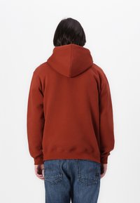 Rust-colored hoodie with a large, rounded hood, elastic cuffs, and hem. Features a soft, textured fabric and simple design. Worn with blue jeans.