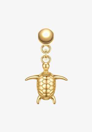 Guldturtleformet vedhæng med struktureret skal, hængende fra en rund guldring og forbundet med to cirkulære ringe.