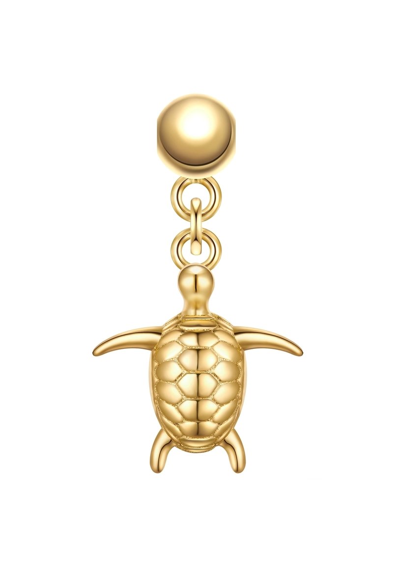 Guldsköldpaddsformad berlock med texturerat skal, hängande från en rund guldstud och länkad av två cirkulära ringar.