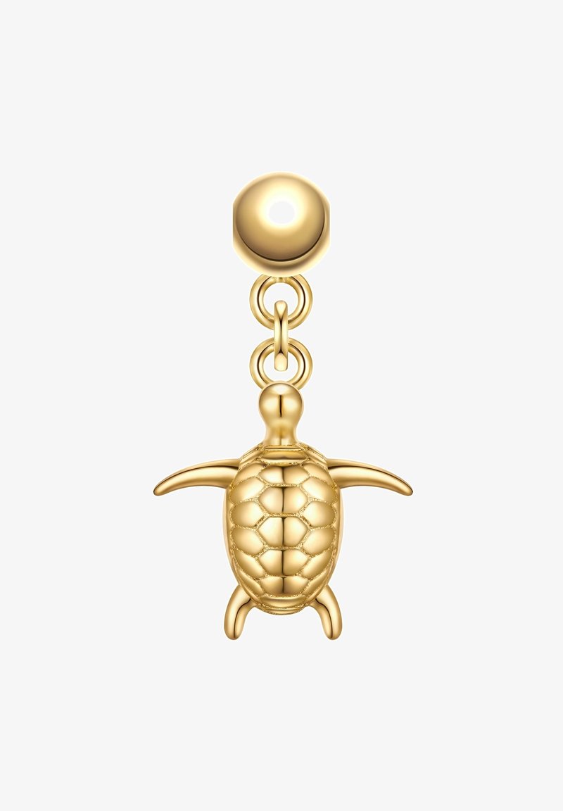 Guldsköldpaddsformad berlock med texturerat skal, hängande från en rund guldstud och länkad av två cirkulära ringar.