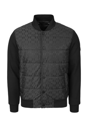 Zwarte bomberjack met een doorgestikte voorkant met een subtiele, gestructureerde textuur, effen zwarte mouwen, een geribbelde kraag, manchetten en een knoopsluiting.