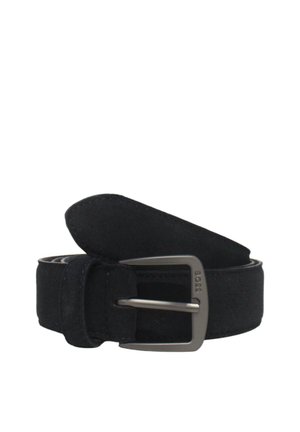 Cintura in pelle scamosciata nera con fibbia in metallo argento. Presenta una texture liscia e un design classico. Include un passante per una chiusura sicura.