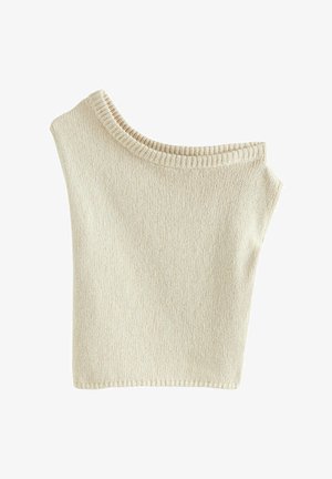 Beezist kootud topp asymmeetilise disainiga ja laia kaelusega. Tekstuur on pehme ja servadel on soonilised detailid.