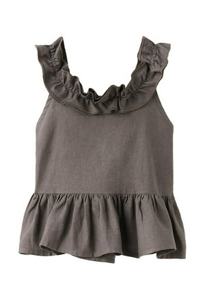 Haut marron sans manches avec bretelles et ourlet à volants, en tissu texturé, avec un décolleté carré et une coupe ample.